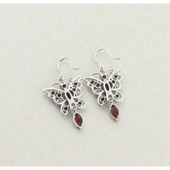 10k White Gold Natural Garnet Butterfly Earrings Dangle Drop Earrings - Picture 7 of 7